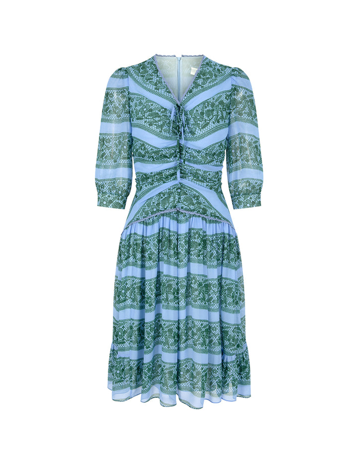 BORA AKSU Lace V-Neck Puff Short-Sleeve Floral & Strip Printed Pleated Midi Dress