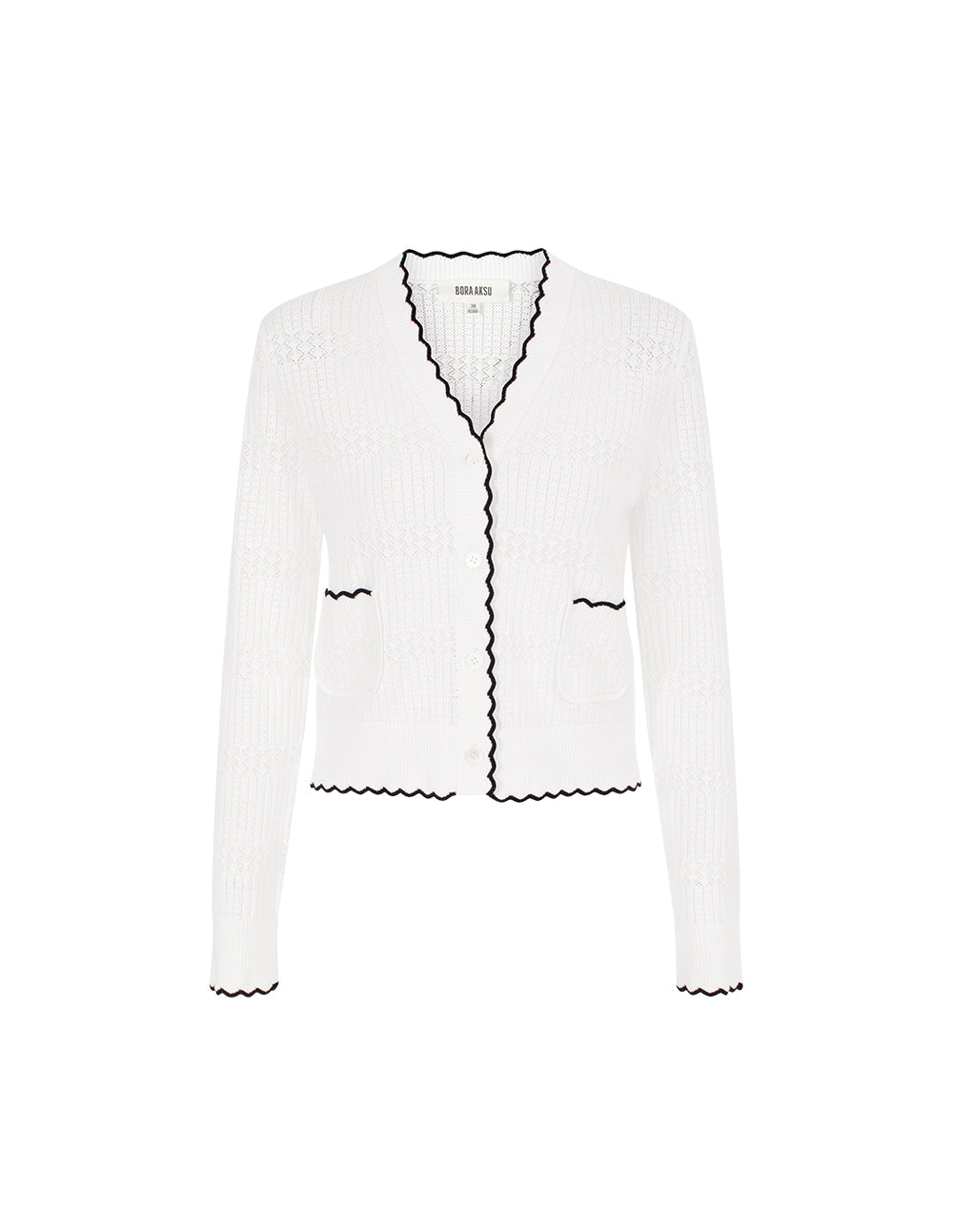 BORA AKSU V-Neck Long-Sleeve Black Ruffle-Trimmed Pointelle Knitted Cardigan