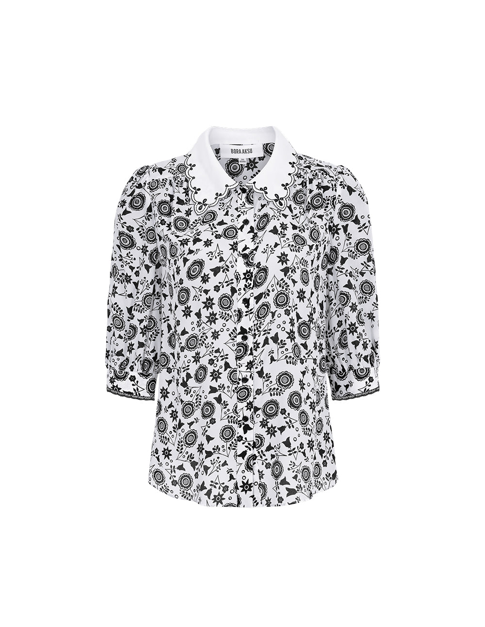 BORA AKSU Silk Puff Sleeve Retro Embroidered Collar Printed Blouse