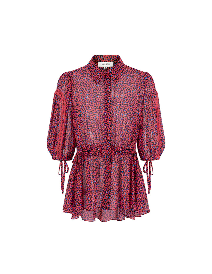 BORA AKSU French Puff Sleeves Smocked Waist Floral Blouse