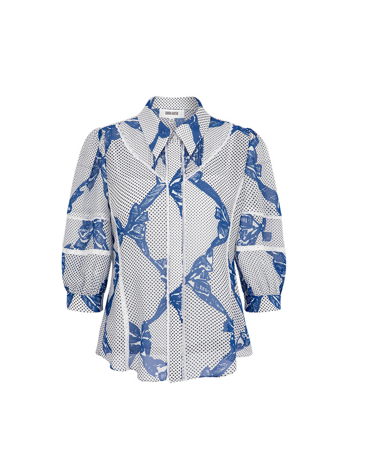BORA AKSU French Puff-Sleeve Lace-Embellished Bow-Print 3/4 Blouse