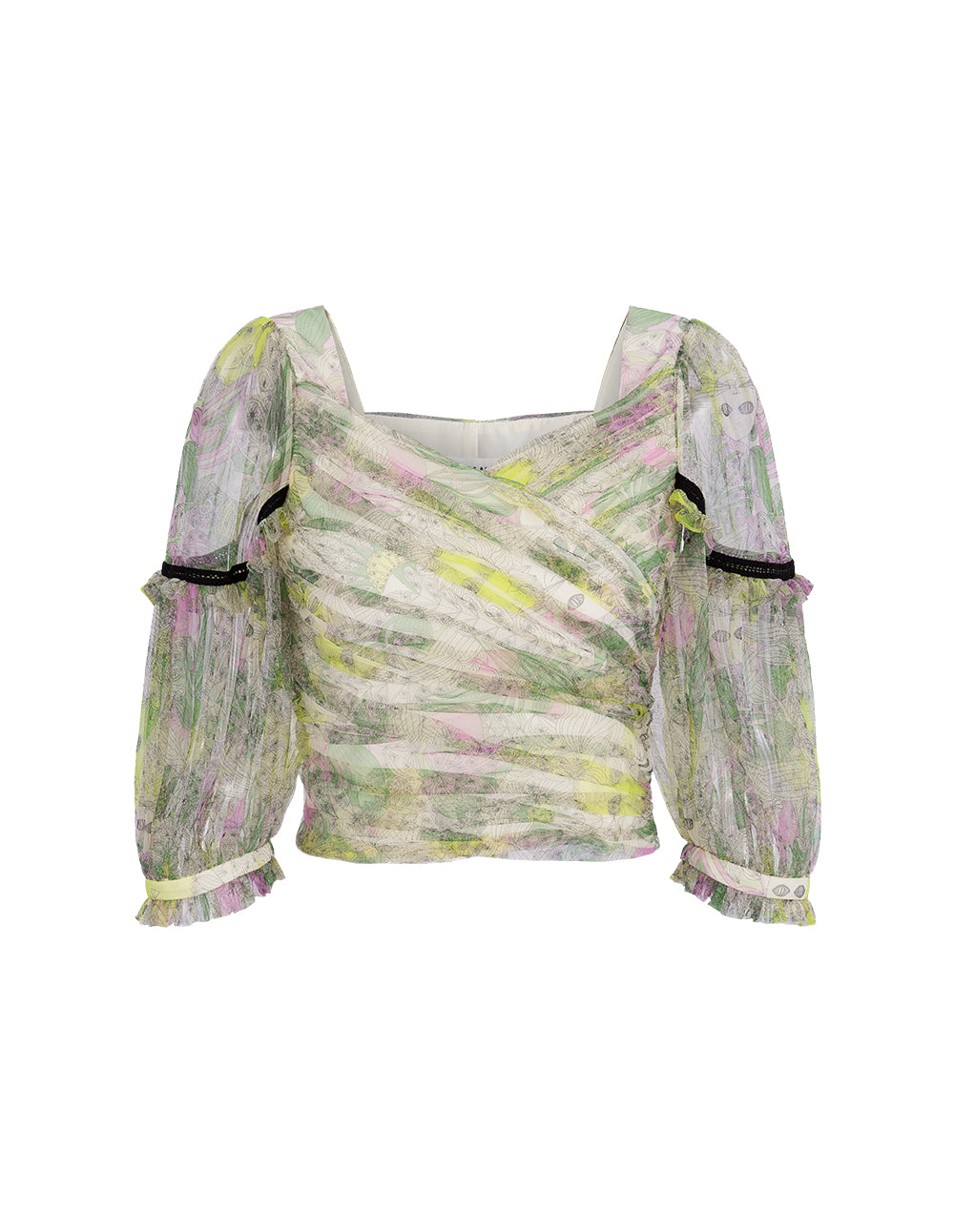 BORA AKSU Puff Sleeve Crossover Collar Printed Mesh Top