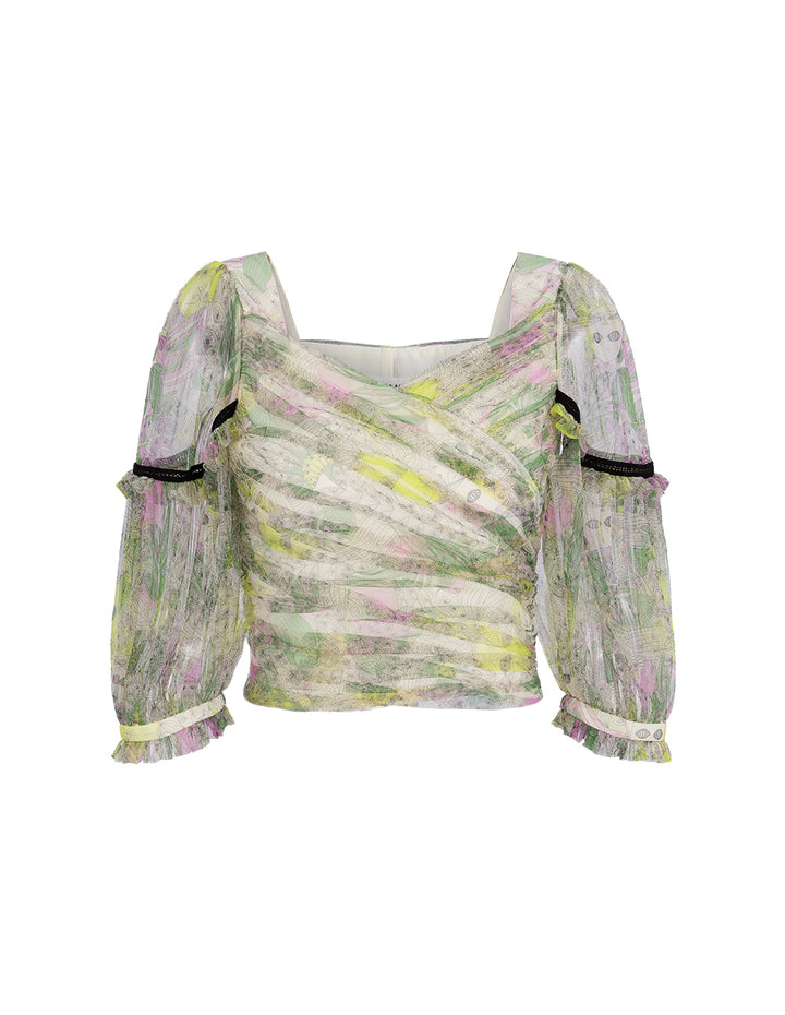 BORA AKSU Puff Sleeve Crossover Collar Printed Mesh Top