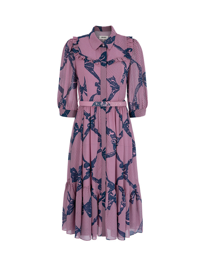 BORA AKSU Retro Puff Sleeve Ruffle Skirt Printed Dress