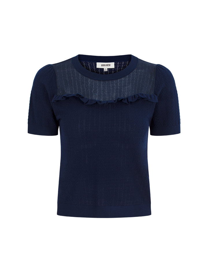 BORA AKSU Round Neck Short-Sleeve Ruffle-Trimmed Knit Pullover
