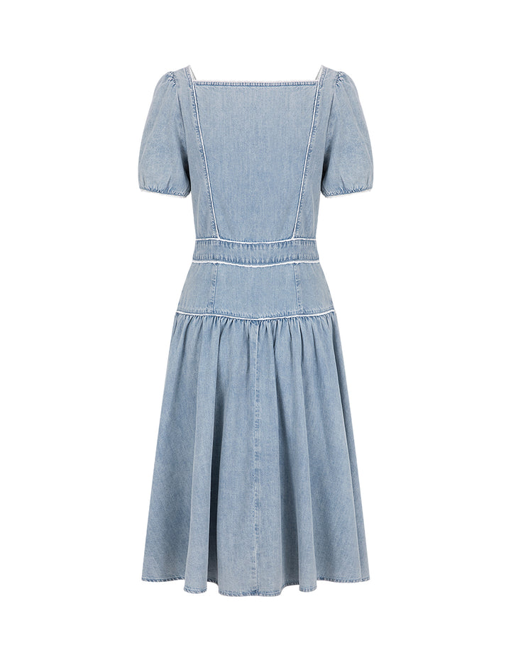 BORA AKSU Diamond Collar Puff Sleeve Lace Denim Dress