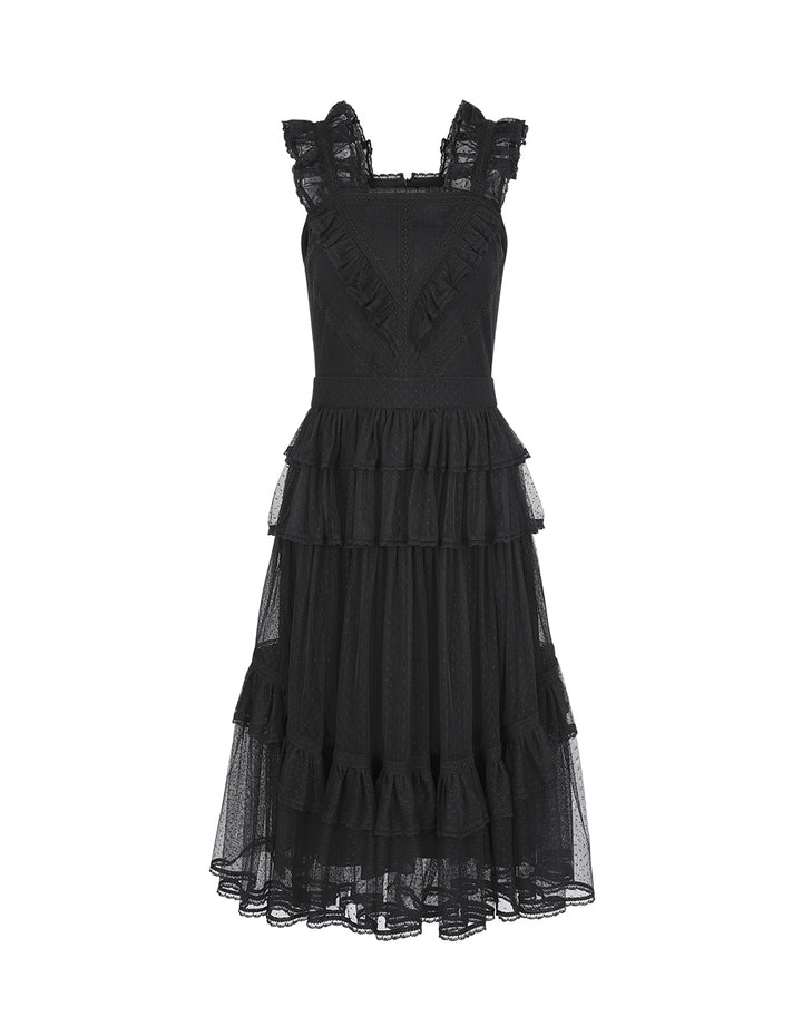 BORA AKSU Mesh Layered Ruffles Line Pleated Dress