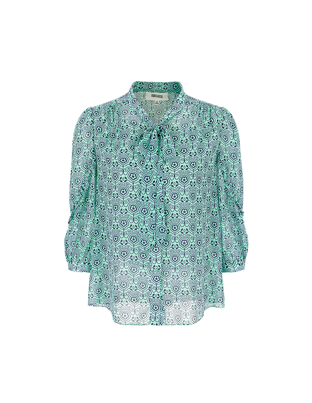 BORA AKSU Ribbon Collar Puff Sleeve Ruffle Print Blouse