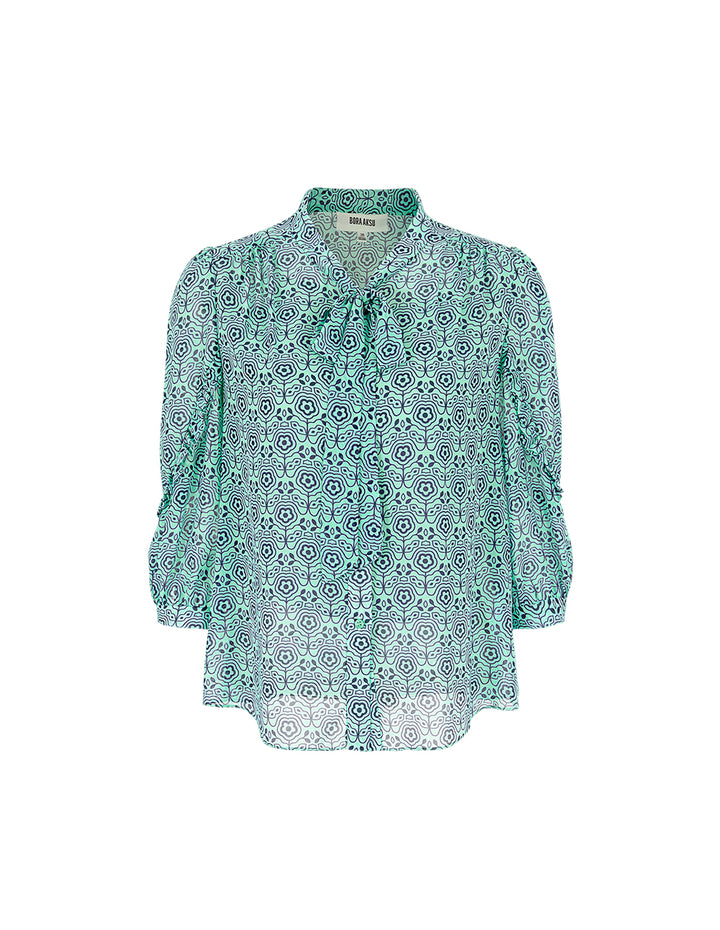 BORA AKSU Ribbon Collar Puff Sleeve Ruffle Print Blouse