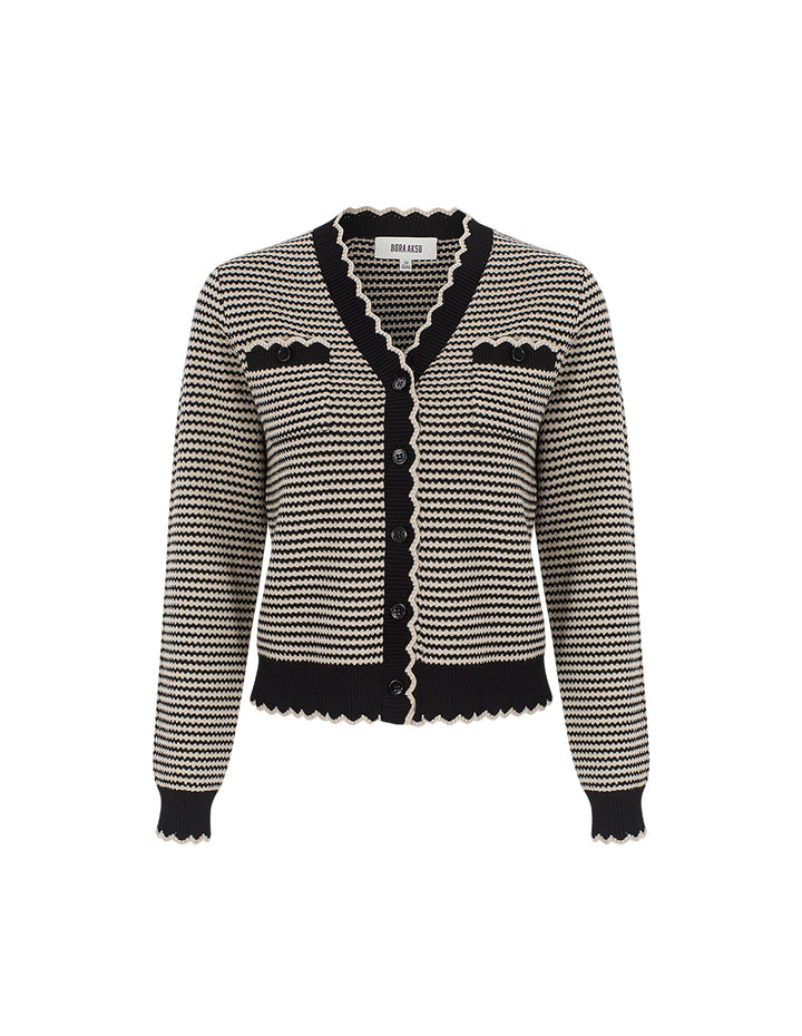BORA AKSU V-Neck Ruffle Geometric Patterned Knit Cardigan