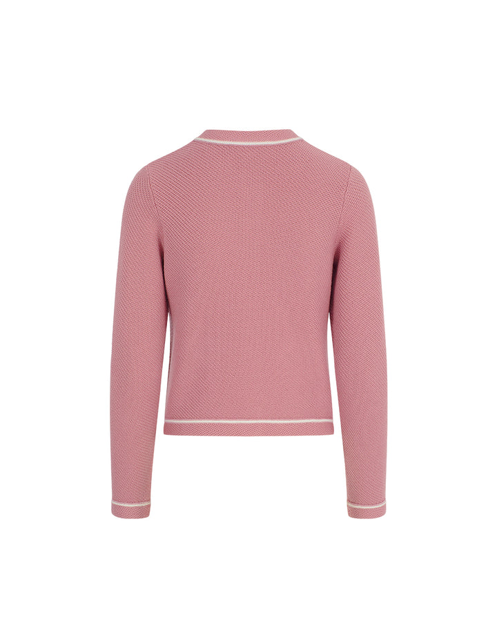 BORA AKSU Round Neck Long-Sleeve White Striped Multi-Pocket Wool Peach Pink Knitted Cardigan