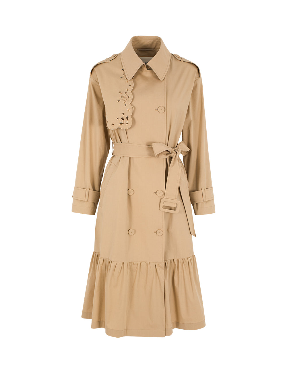 BORA AKSU Asymmetric Cut-Out Embroidered Long Sleeve Double-Breasted Belted Pleated Trench Coat