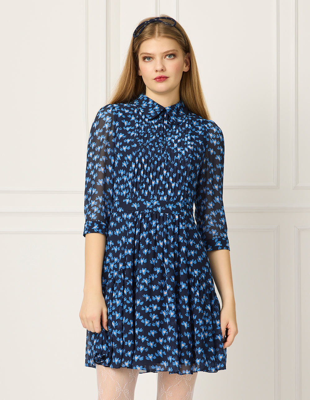 BORA AKSU Lapel Long-Sleeve Pin Tuck Heart Printed Pleated Midi Shirt Dress