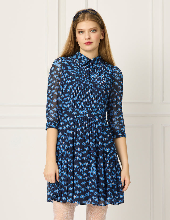 BORA AKSU Lapel Long-Sleeve Pin Tuck Heart Printed Pleated Midi Shirt Dress