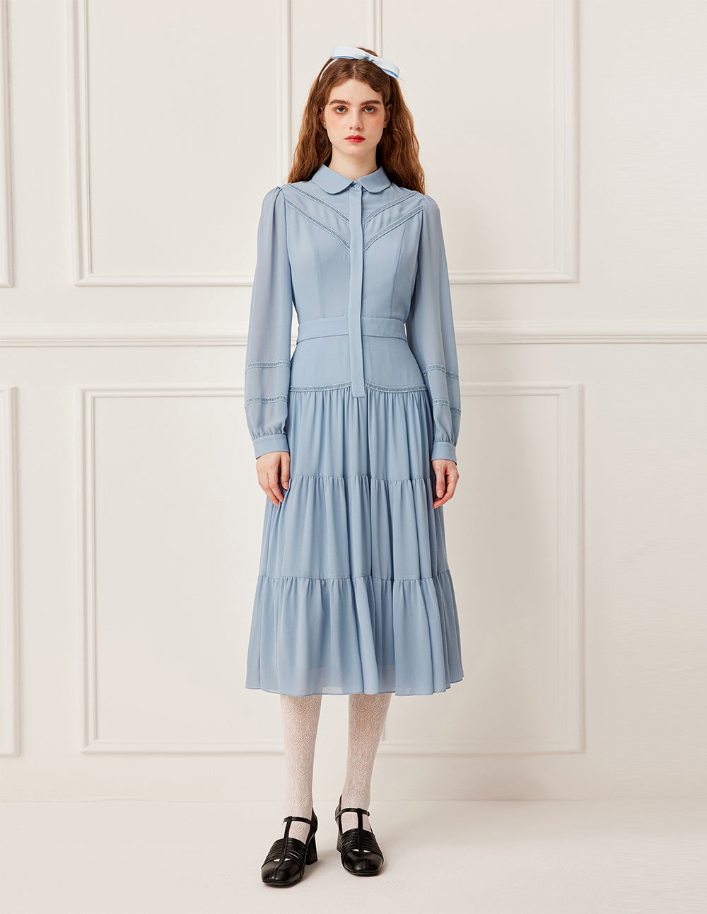 BORA AKSU Layered Ruffle-Trim Long Sleeve Pleated Midi Shirt Dress