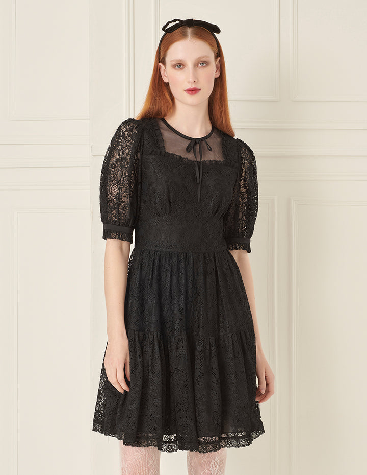 BORA AKSU Bow Tie Round Neck Puff Sleeve Lace Little Black Dress