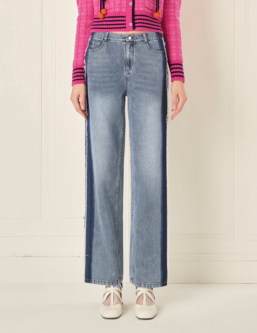 BORA AKSU Versatile White Washed Blue Frayed Wide Leg Jeans