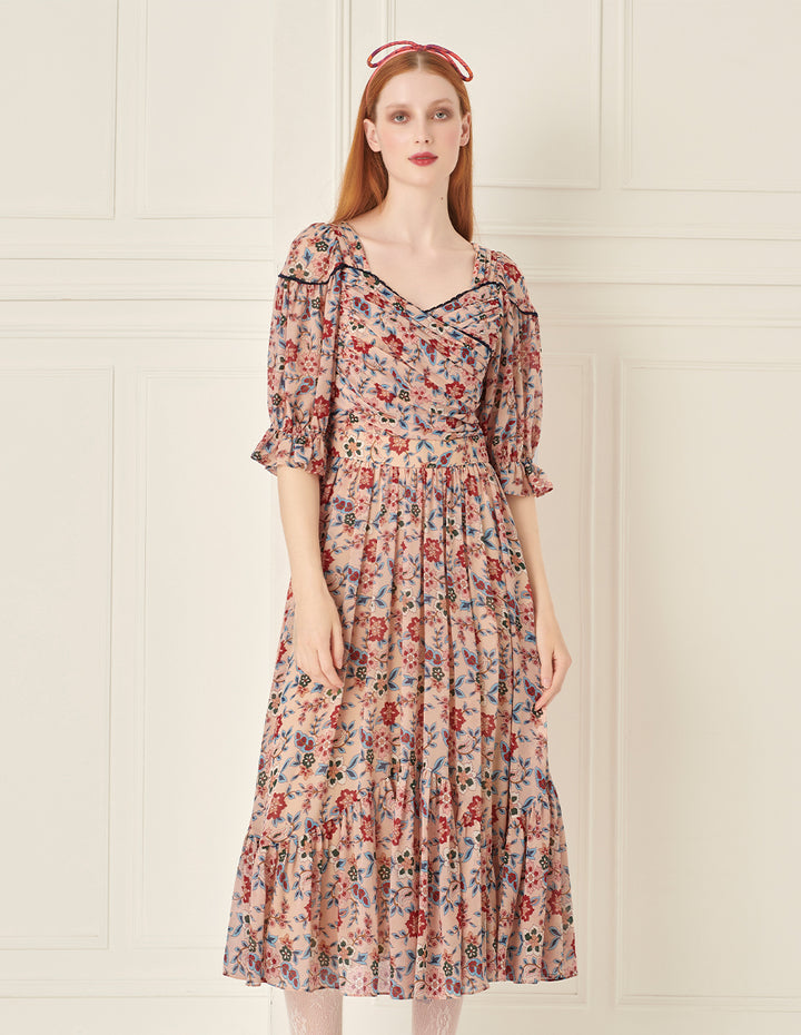 BORA AKSU French Retro Puff Sleeve Printed Dress