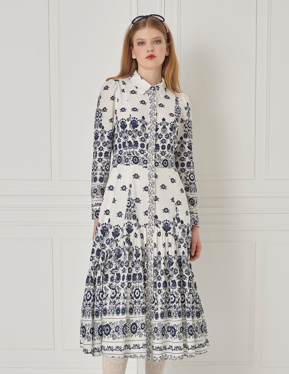 BORA AKSU Shirt-Collar Long Bubble Sleeve Printed Midi Trumpet Dress