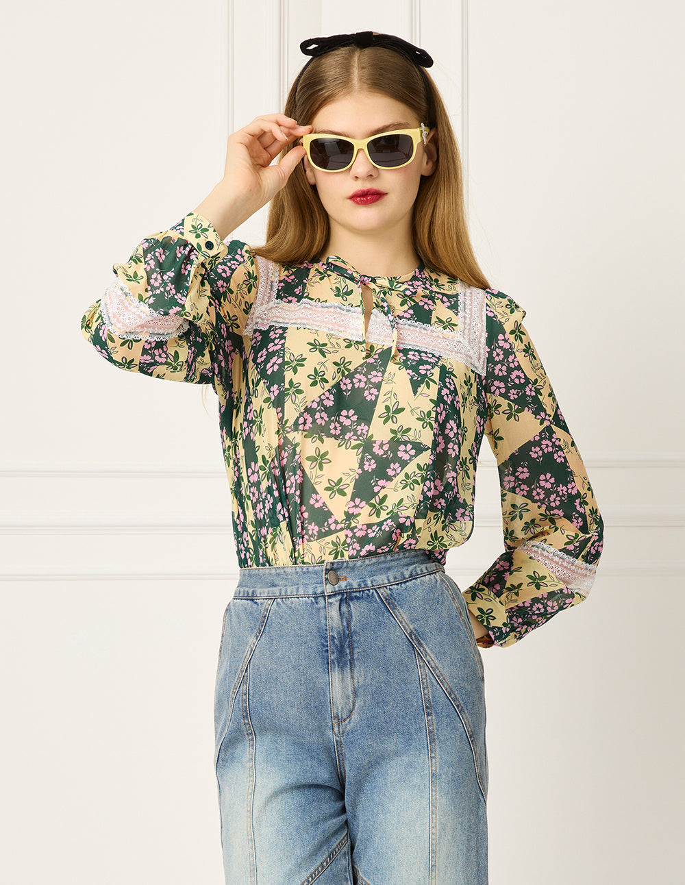 BORA AKSU Bubble Sleeve Tie-Neck Floral Print Blouse
