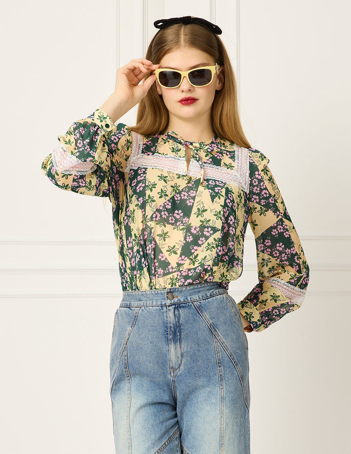 BORA AKSU Bubble Sleeve Tie-Neck Floral Print Blouse