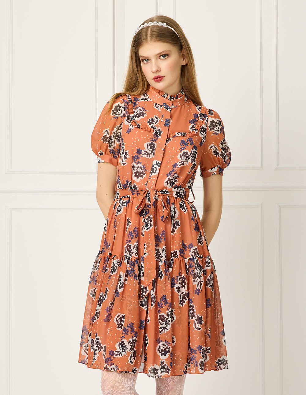 BORA AKSU Ruffled Stand Collar Bubble Sleeve Floral Print Belted Pleated Midi Dress