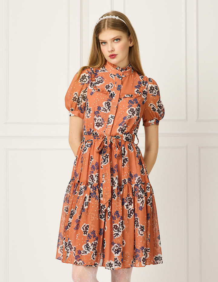BORA AKSU Ruffled Stand Collar Bubble Sleeve Floral Print Belted Pleated Midi Dress