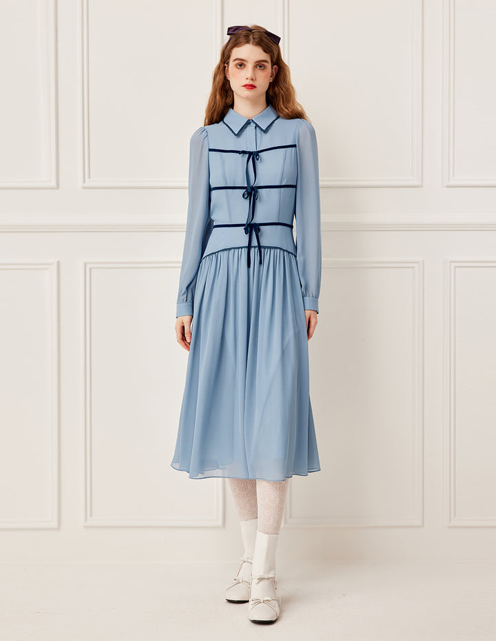 BORA AKSU Collared Bow Bubble Sleeve Pleated Midi Dress