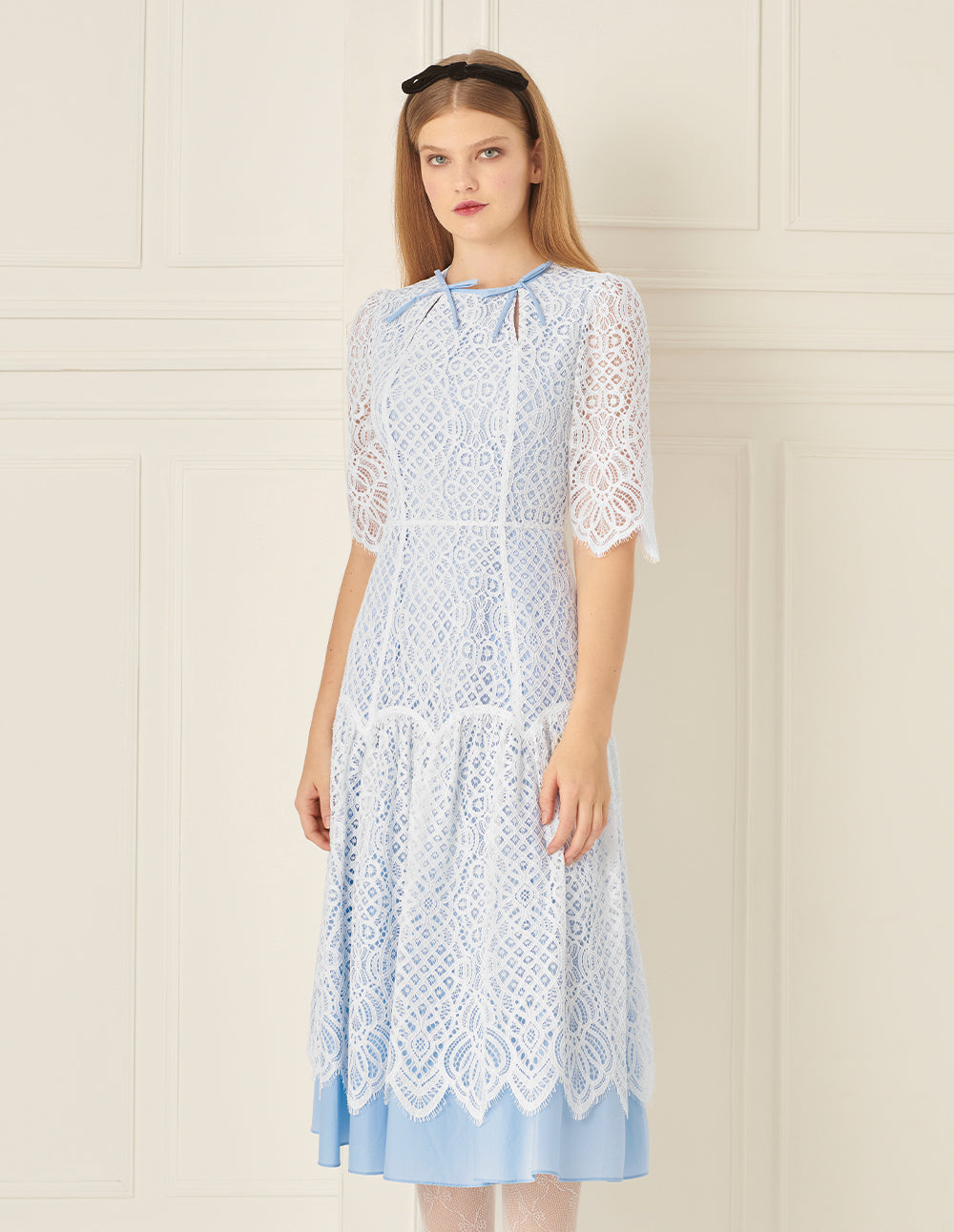 BORA AKSU Romantic Blue And White Lace Court Style Dress
