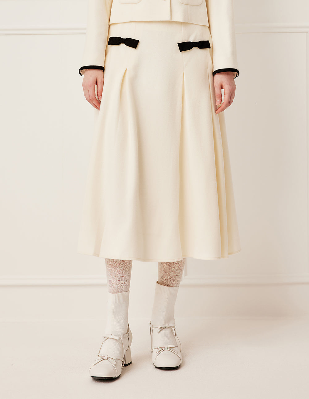 BORA AKSU White High-Waisted A-Line Pleated Wool Midi Skirt