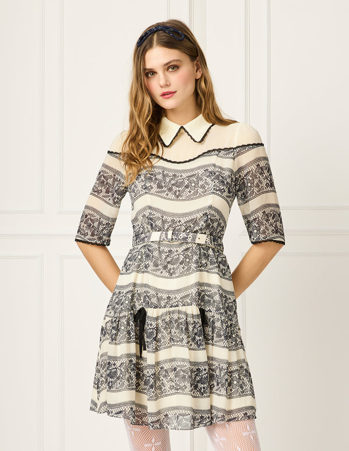 BORA AKSU Peter Pan Collar Puff Sleeve Lace Floral Print Silk Midi Dress