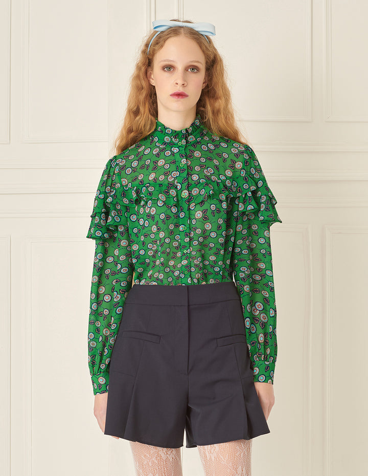 BORA AKSU French Stand-Up Collar Puff Sleeves Ruffled Green Printed Blouse