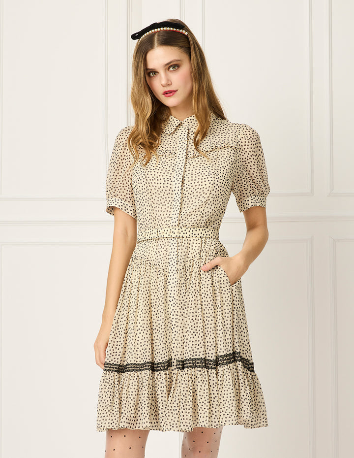 BORA AKSU Lapel Short-Sleeve Polka Dot Print Ruffle-Trimmed Pleated Midi Dress