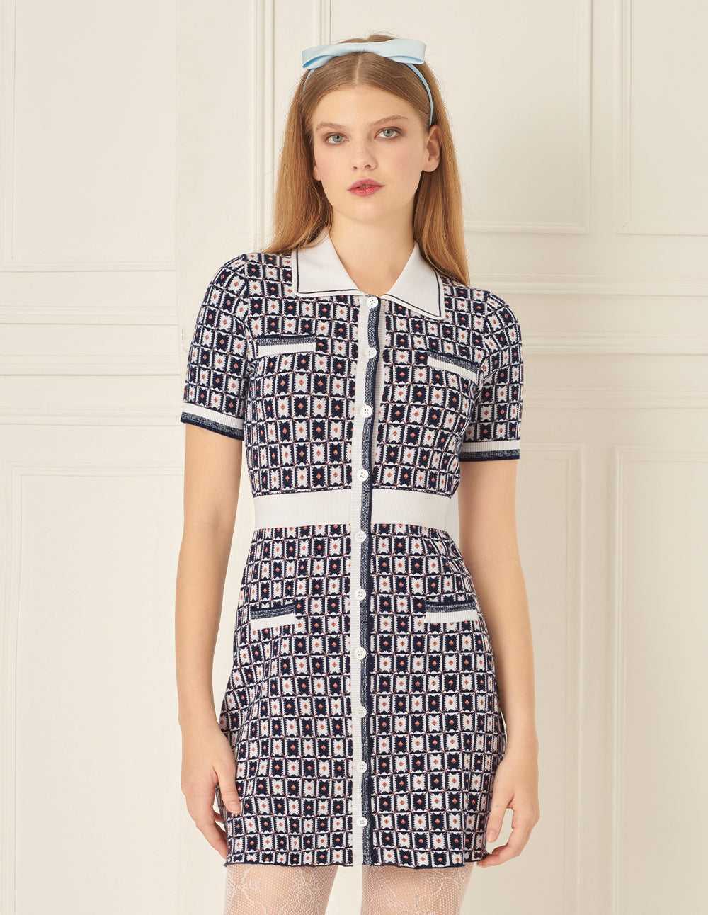 BORA AKSU Retro Contrasting Geometric Pattern Lapel Knitted Dress