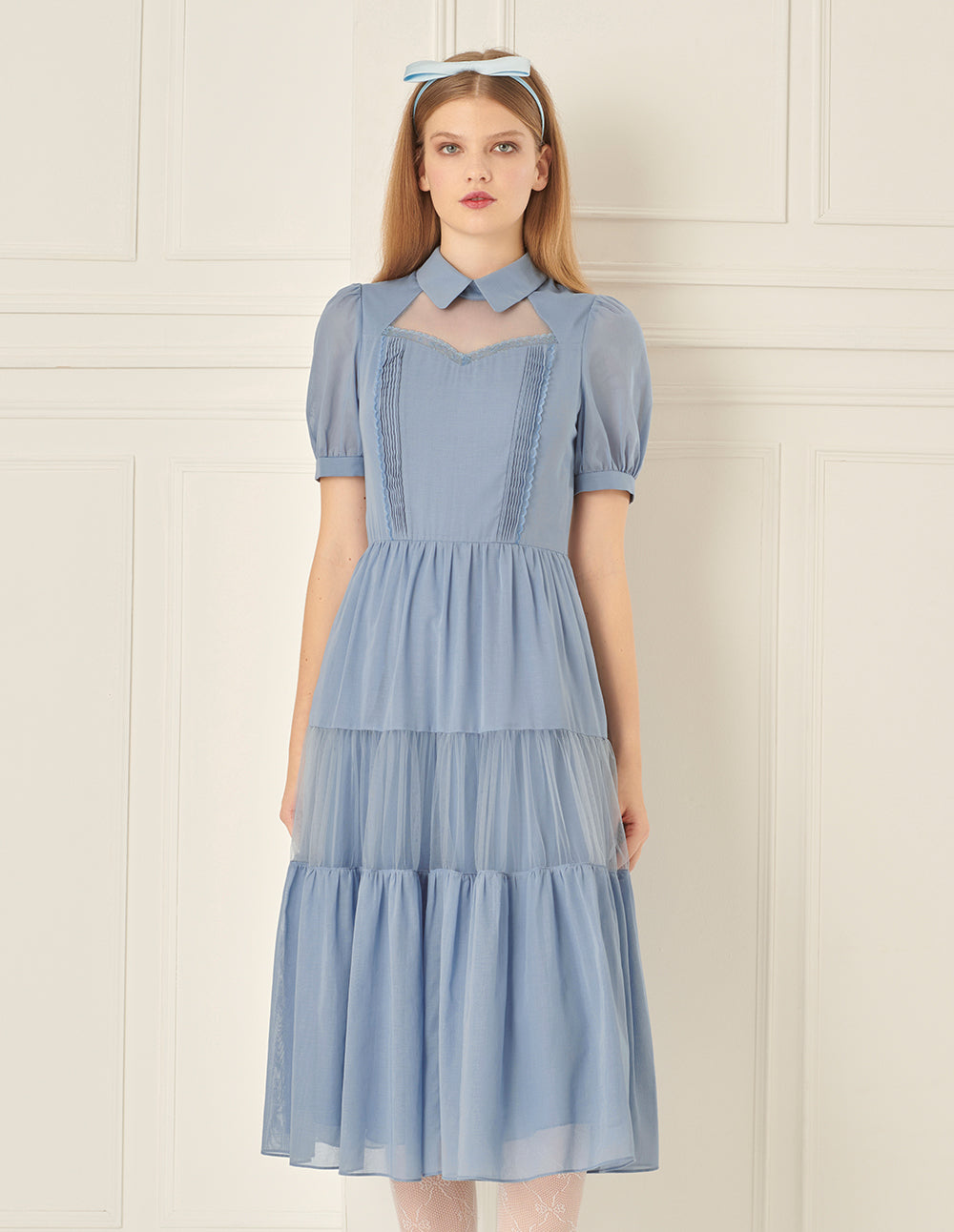 BORA AKSU Puff Sleeve Lapel Pure Cotton Mesh Patchwork Dress