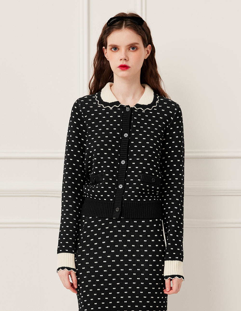 BORA AKSU Peter Pan Collar Long Sleeve White Polka Dot Wool Knit Cardigan