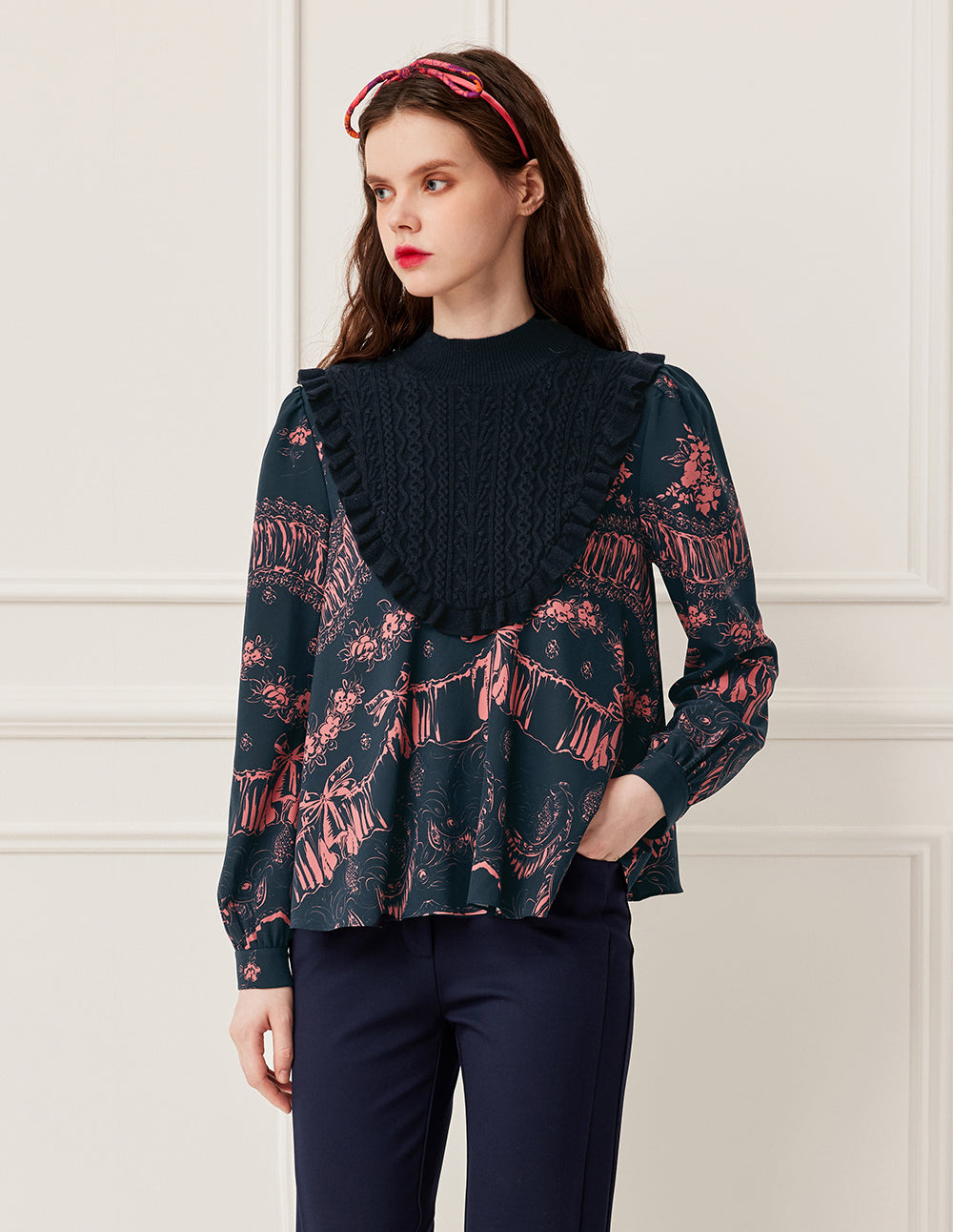 BORA AKSU Semi-High Neck Wool Knit Patchwork Print Top