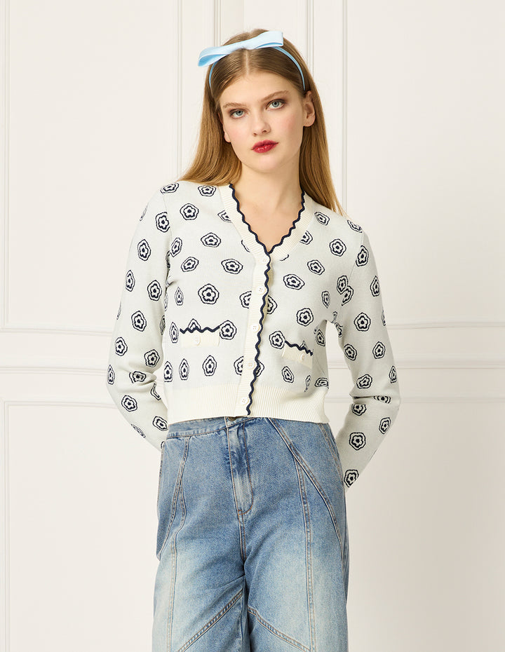 BORA AKSU V-neck Long-Sleeve Floral Jacquard Knit Cardigan