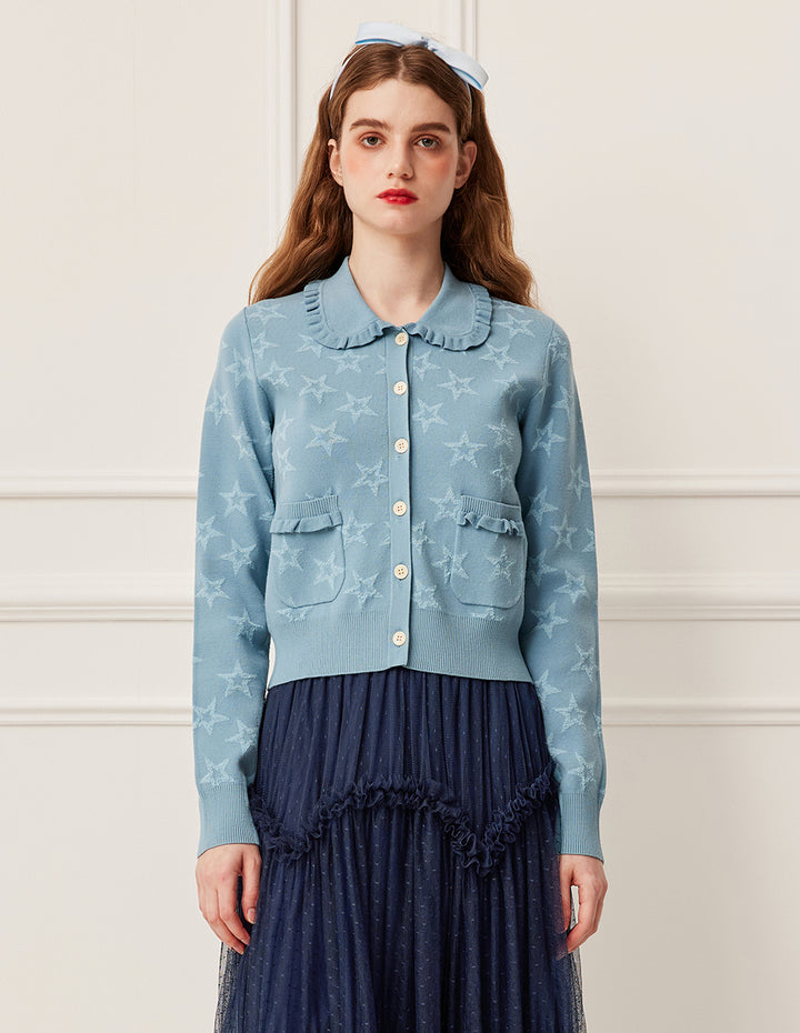 BORA AKSU Ruffled Peter Pan Collar Star Pattern Jacquard Long Sleeve Knit Cardigan