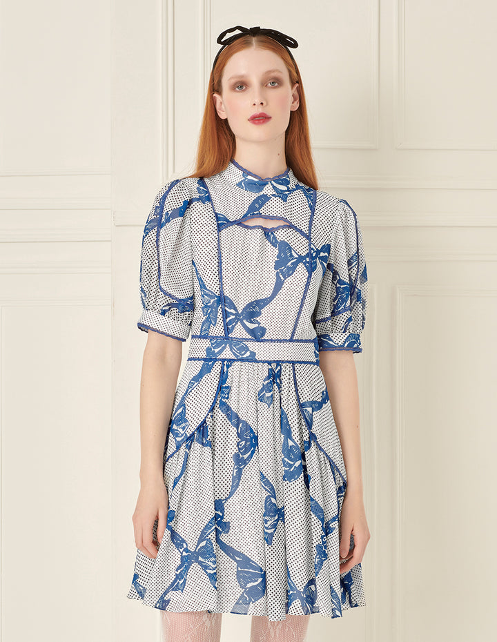 BORA AKSU French Stand Collar Puff Sleeve Bow Print Dress