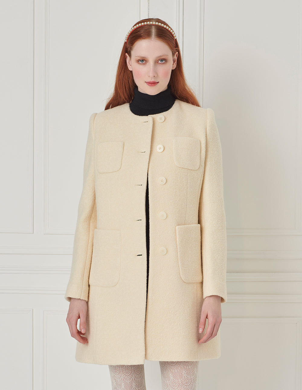 BORA AKSU Round Neck H-Type Single Breasted Milk White Wool Coat