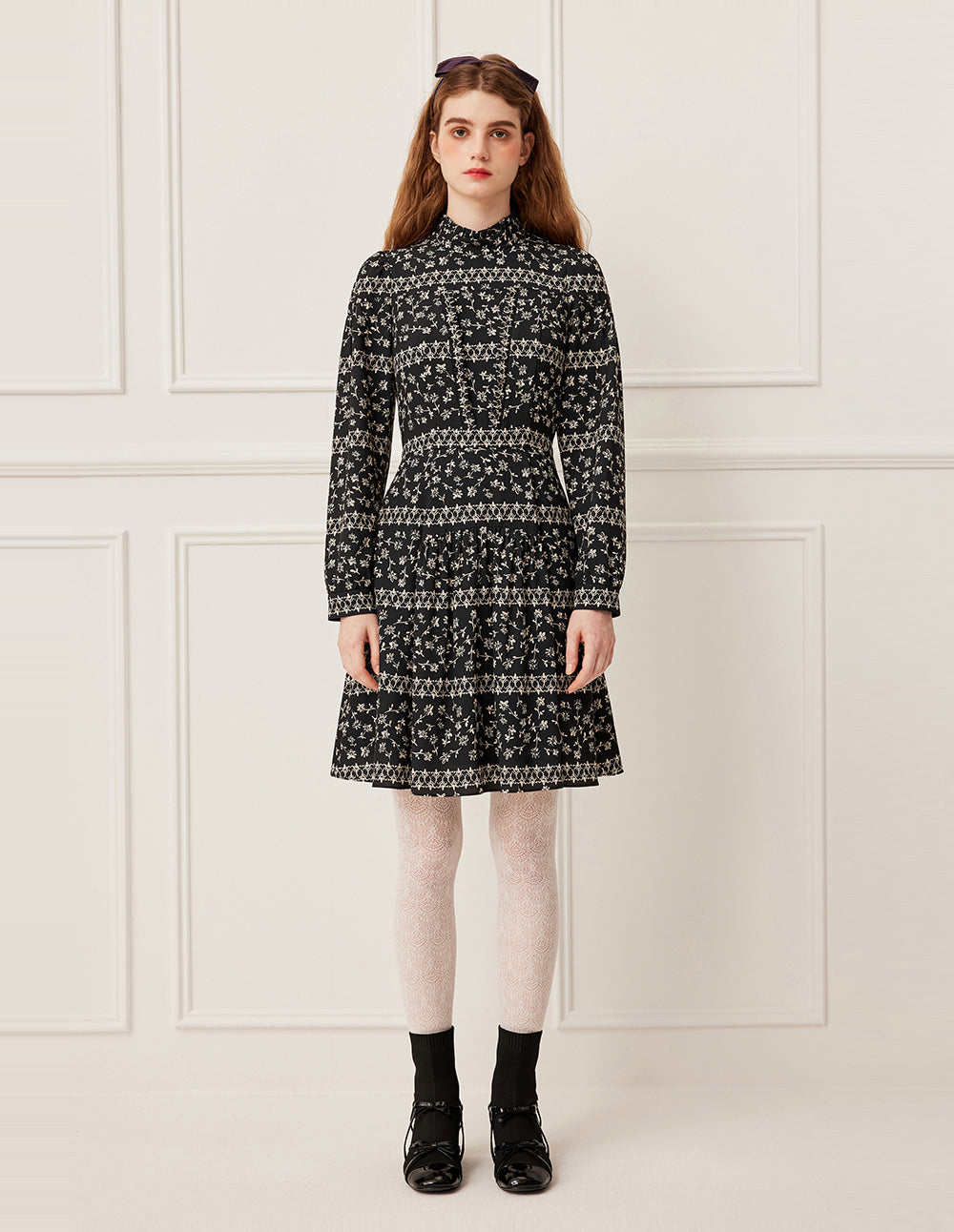 BORA AKSU Mandarin Collar Floral Print Long Sleeve A-Line Midi Dress