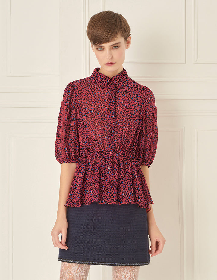 BORA AKSU French Puff Sleeves Smocked Waist Floral Blouse