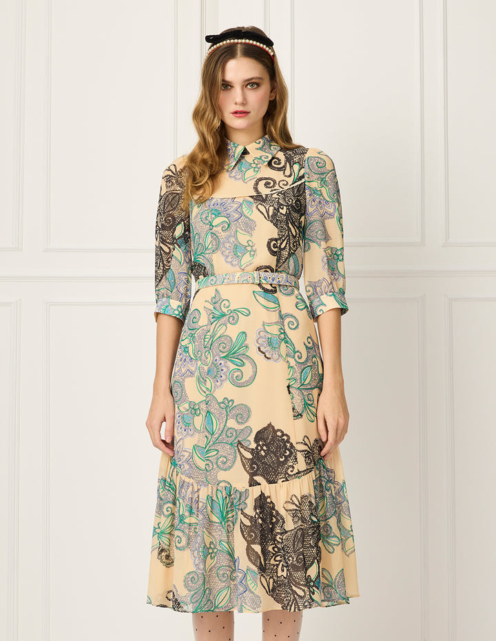 BORA AKSU Peter Pan Collar Bubble Short Sleeve Floral Lace Print Midi Dress