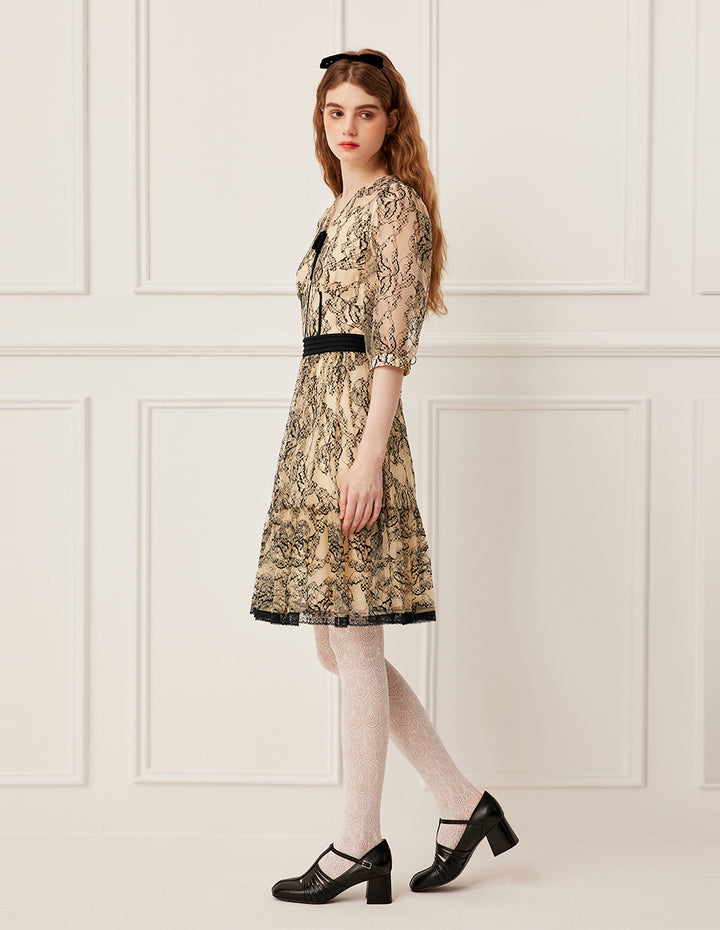 BORA AKSU Sheer V-Neck Lace Trim Floral Print Midi Dress