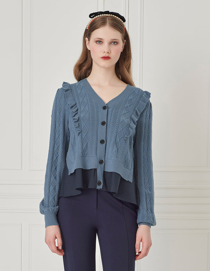 BORA AKSU Mock Two-Piece V-Neck Ruffle Knit Cardigan