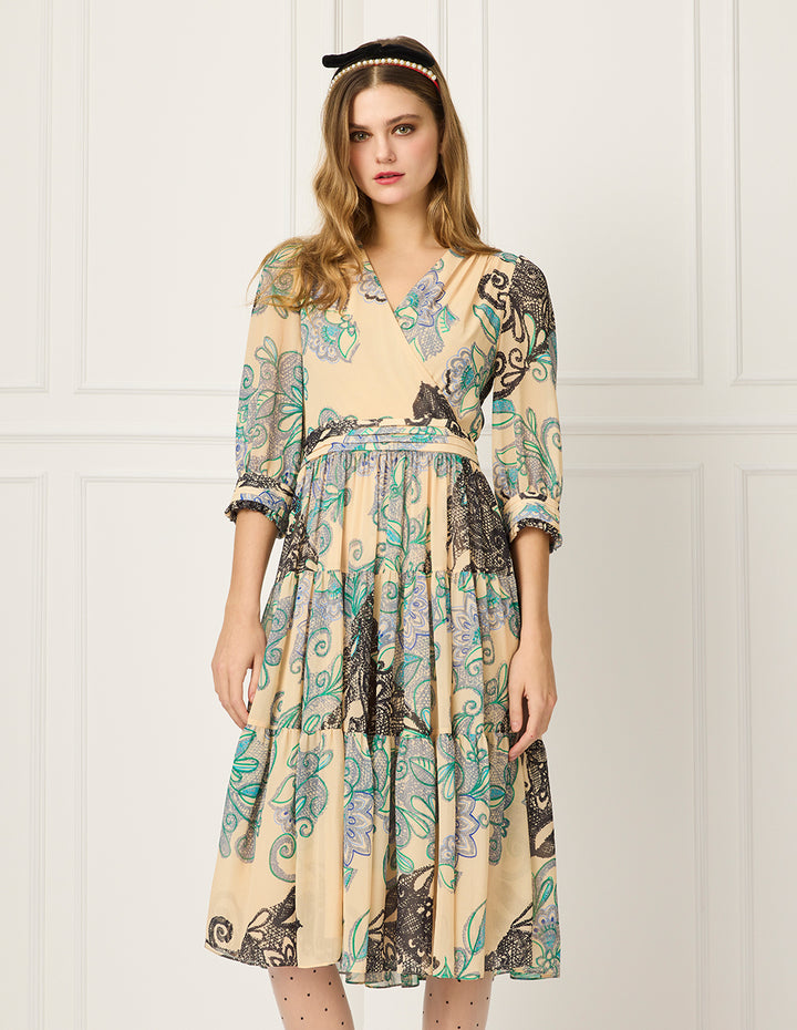 BORA AKSU V-Neck Puff Sleeve Floral Lace Print Pleated Midi Wrap Dress