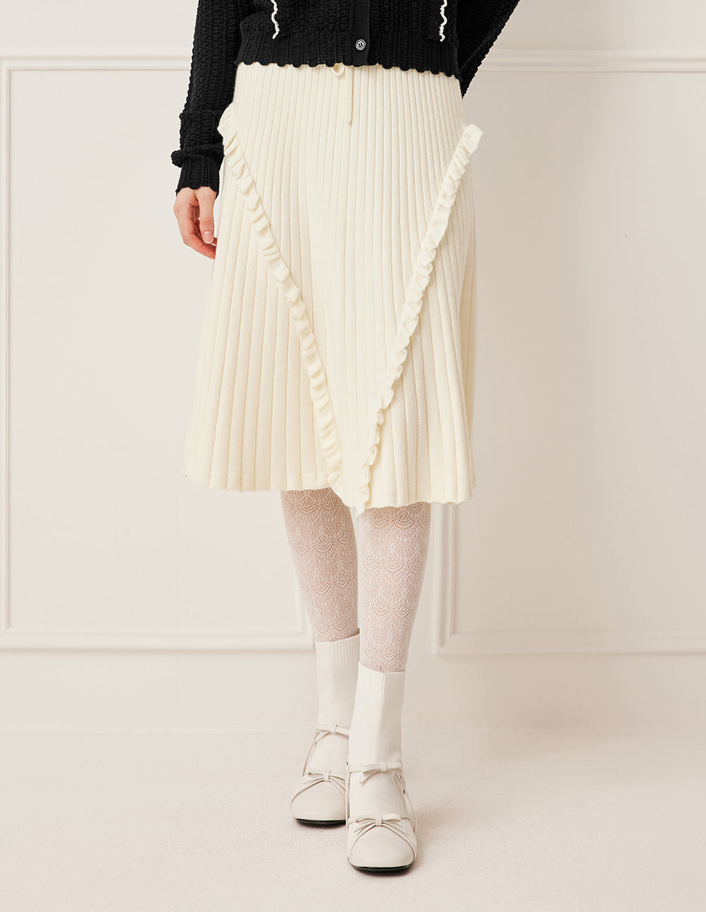 BORA AKSU Elastic Waistband Ruffle-Trim Vertical Textured Knit Midi Skirt