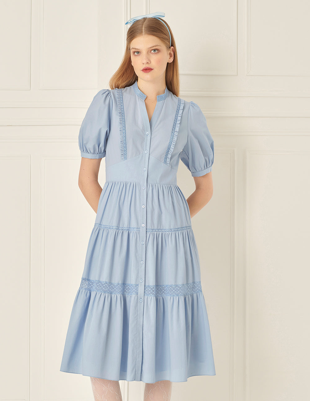 BORA AKSU Puff Sleeve Tiered Pleated Dress