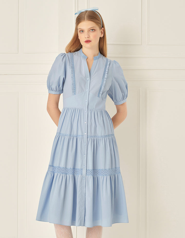 BORA AKSU Puff Sleeve Tiered Pleated Dress
